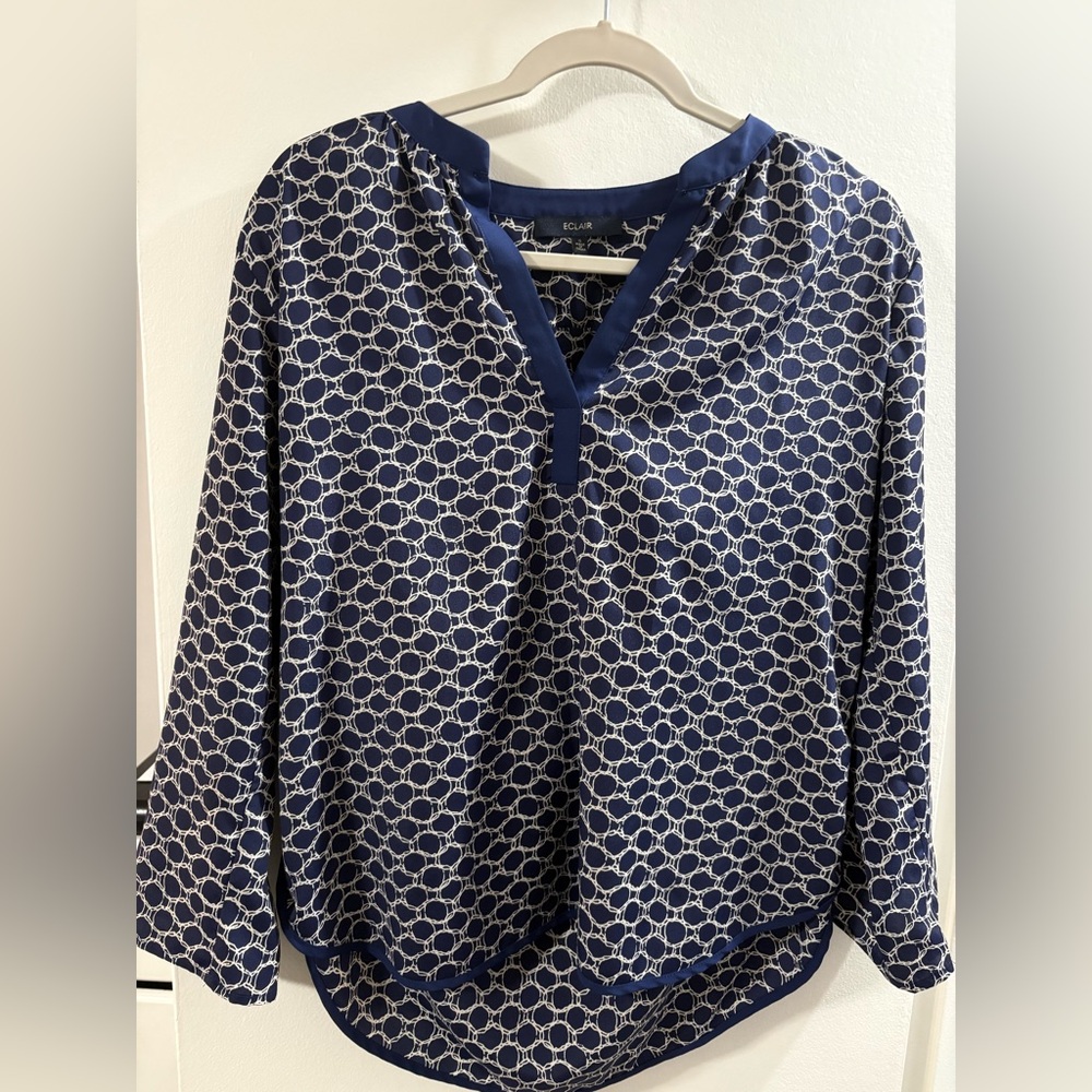 Elegant Navy and White Geometric Blouse